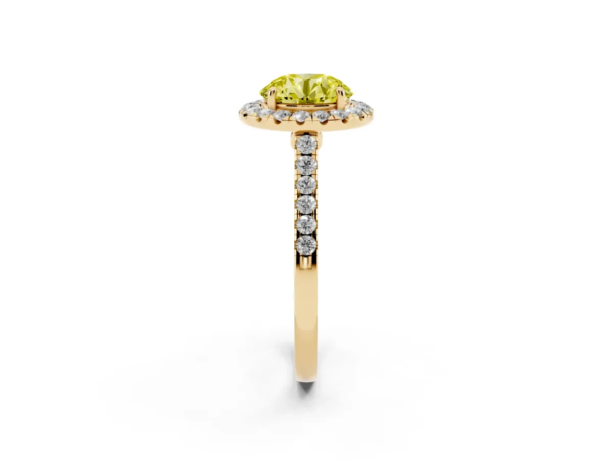 Fancy Yellow Round Cut Halo Pave Diamond Engagement Ring with Four-Prong Setting Yellow gold