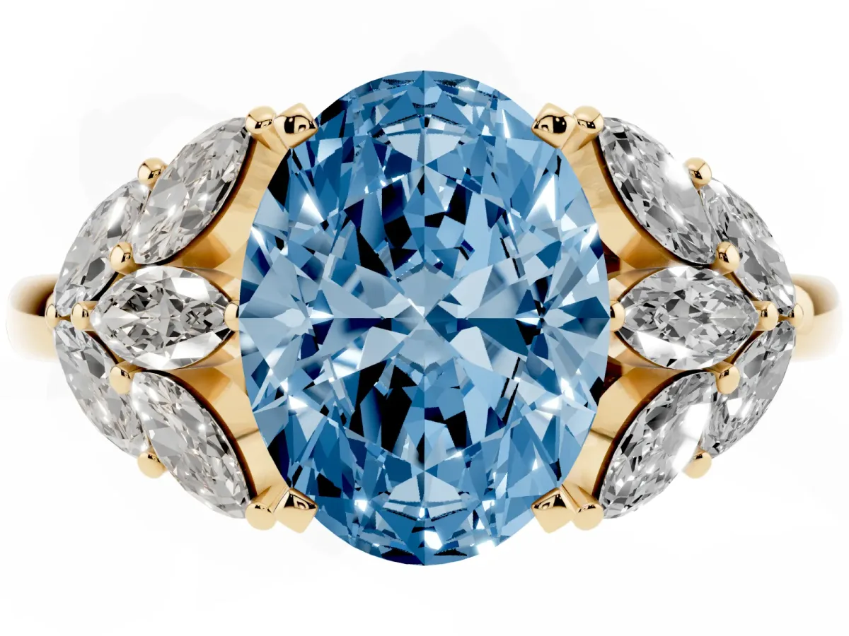 Fancy Blue Oval Cut Diamond Cluster Leaf Design Ring with Prong Setting Yellow gold