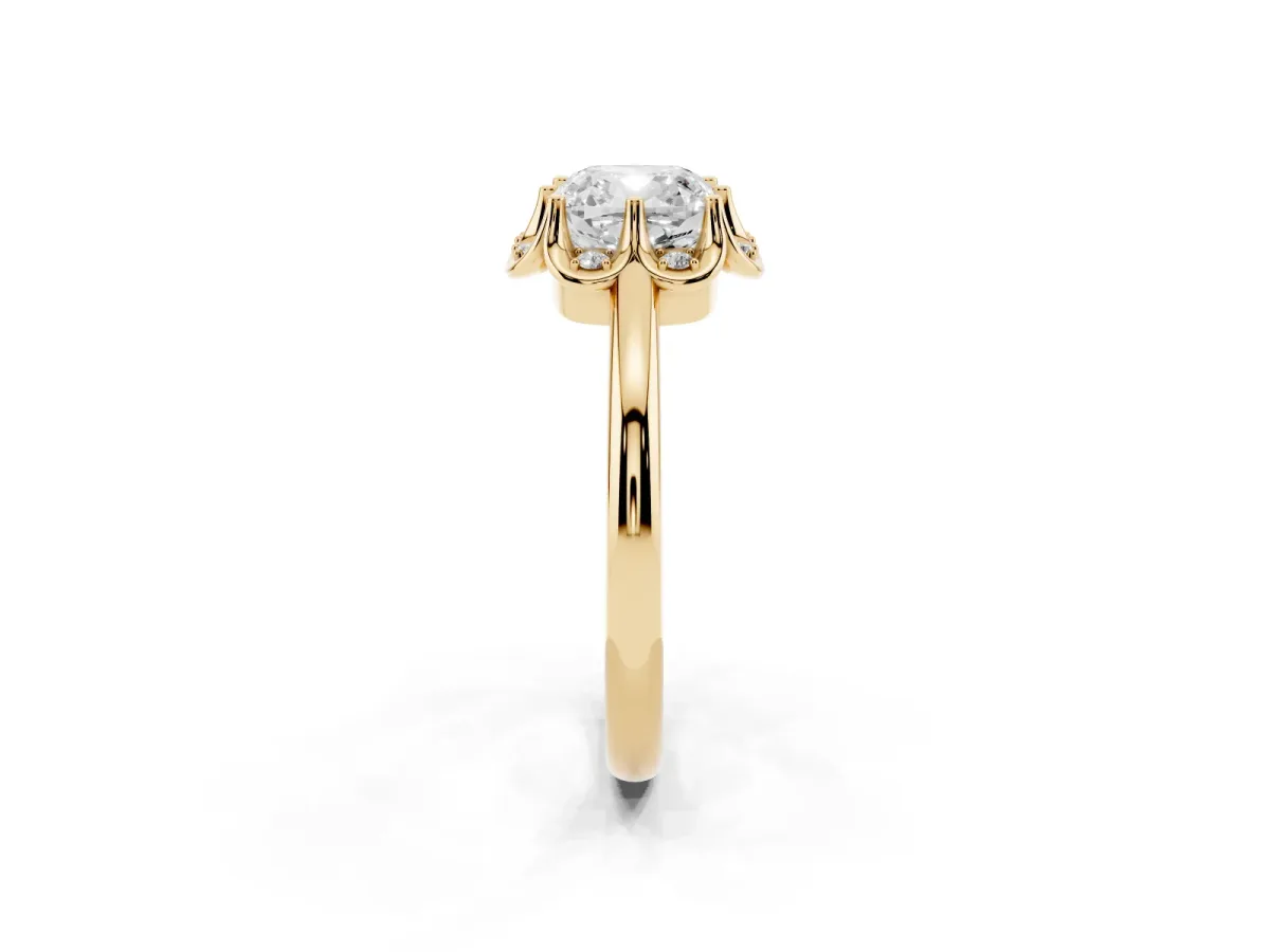 Cushion Cut Halo Diamond Ring with Round Cluster Setting, Solitaire Band, and Four-Prong Setting Yellow gold