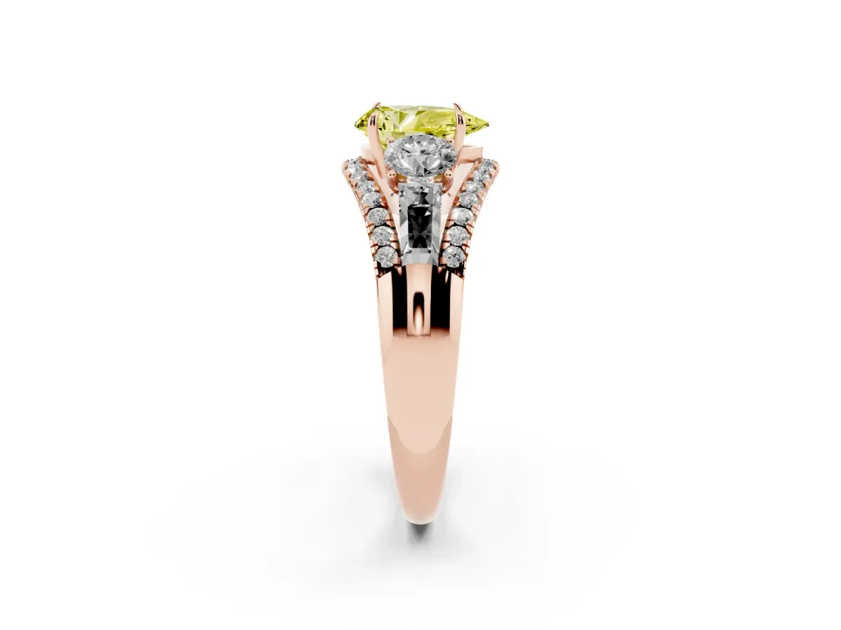 Fancy Yellow Three-Stone Pear Cut Diamond Engagement Ring with Pave Band and Prong Setting Rose gold