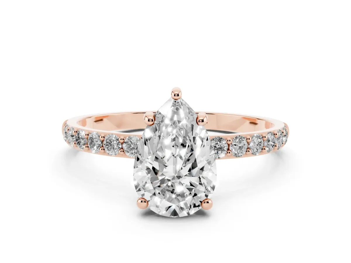 Pear Cut Diamond Solitaire Ring with Round Pavé Band and Prong Setting Rose gold