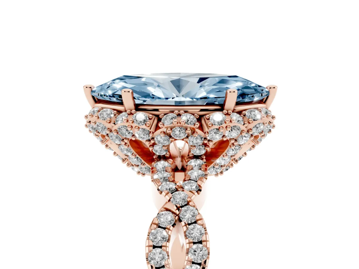 Fancy Blue Marquise Cut Halo Twist Band Solitaire Ring with Six-Prong Setting Rose gold