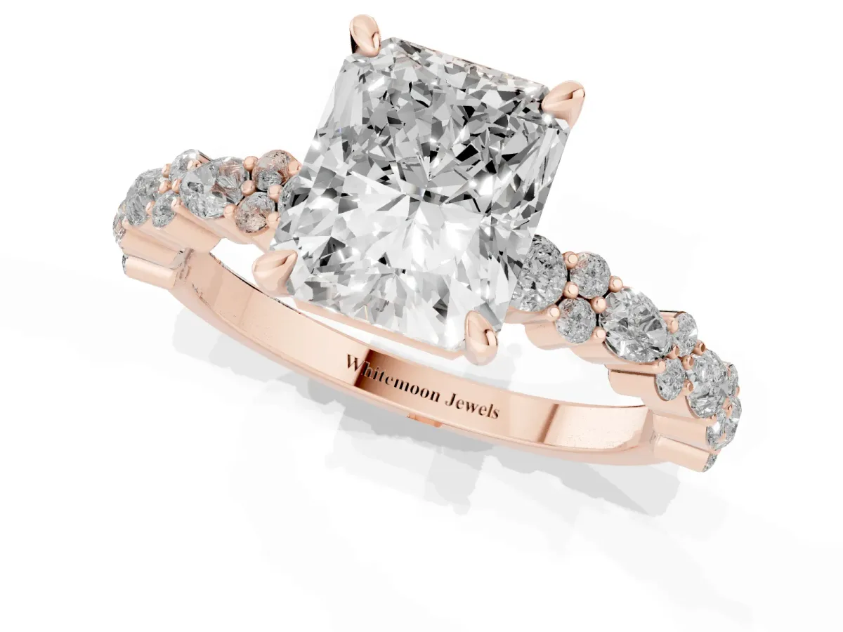 Radiant Cut Diamond Side Stone Solitaire Ring with Round and Four-Prong Setting Rose gold