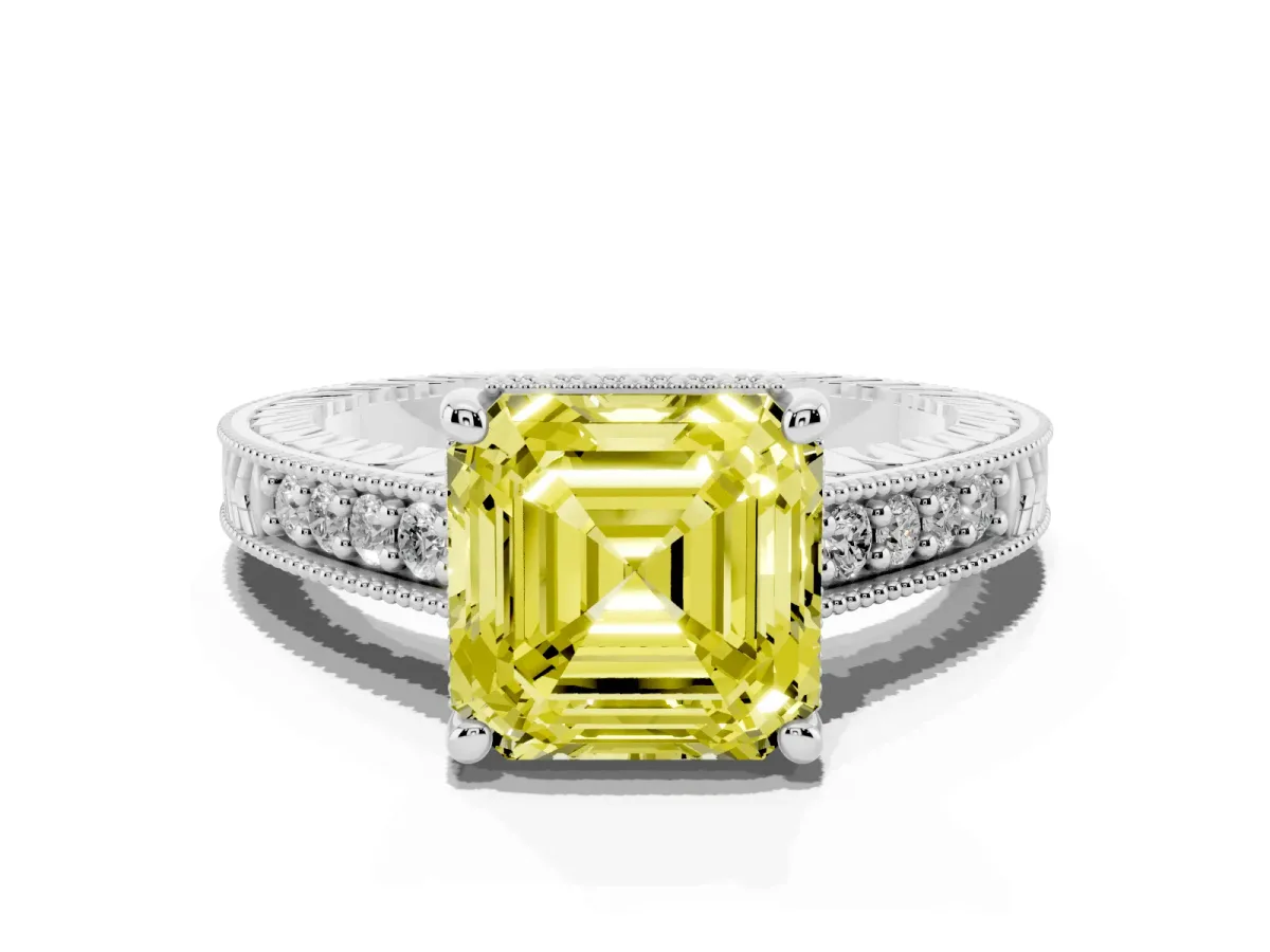 Fancy Yellow Asscher Cut Solitaire Pavé Diamond Milgrain Engagement Ring with Four-Prong Setting Silver
