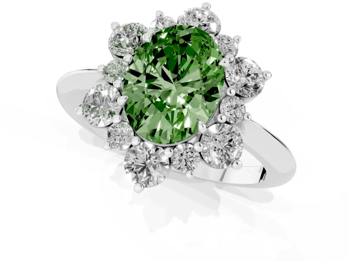 Fancy Green Oval Cut Diamond Cluster Halo Ring with Solitaire Band and Four-Prong Setting Silver