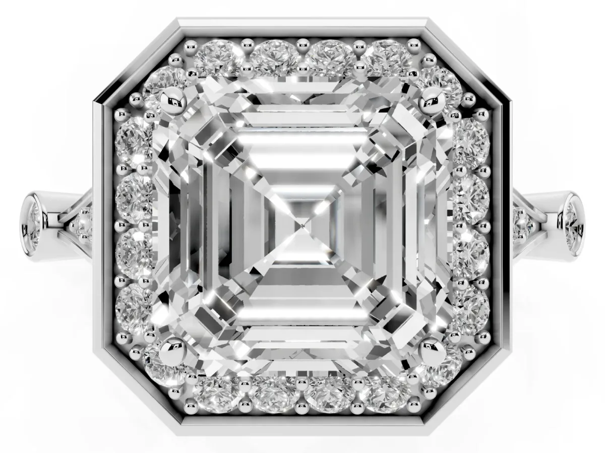 Asscher Cut Halo Diamond Engagement Ring with Twisted Band and Four-Prong Setting White gold