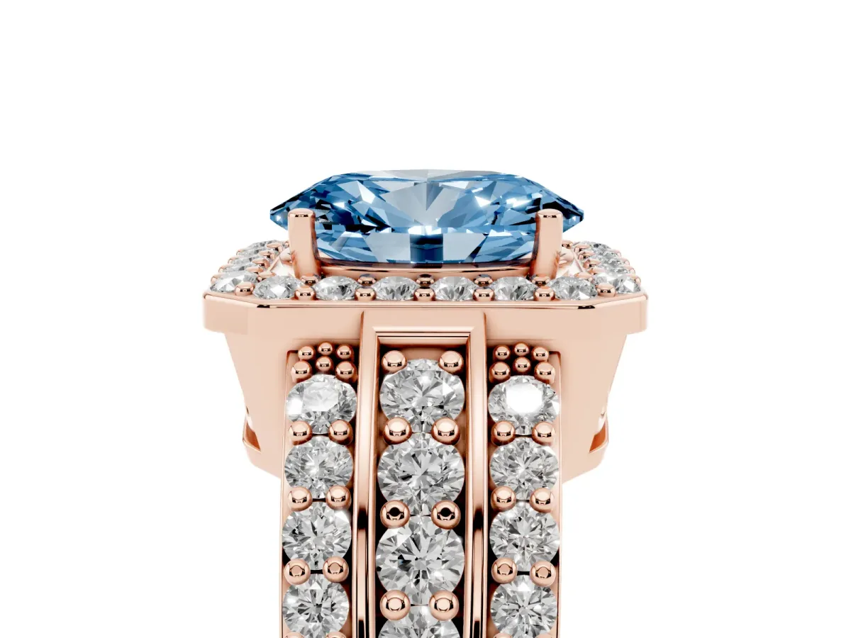 Fancy Blue Oval Cut Halo Diamond Ring with Round Split Shank and Prong Setting Rose gold