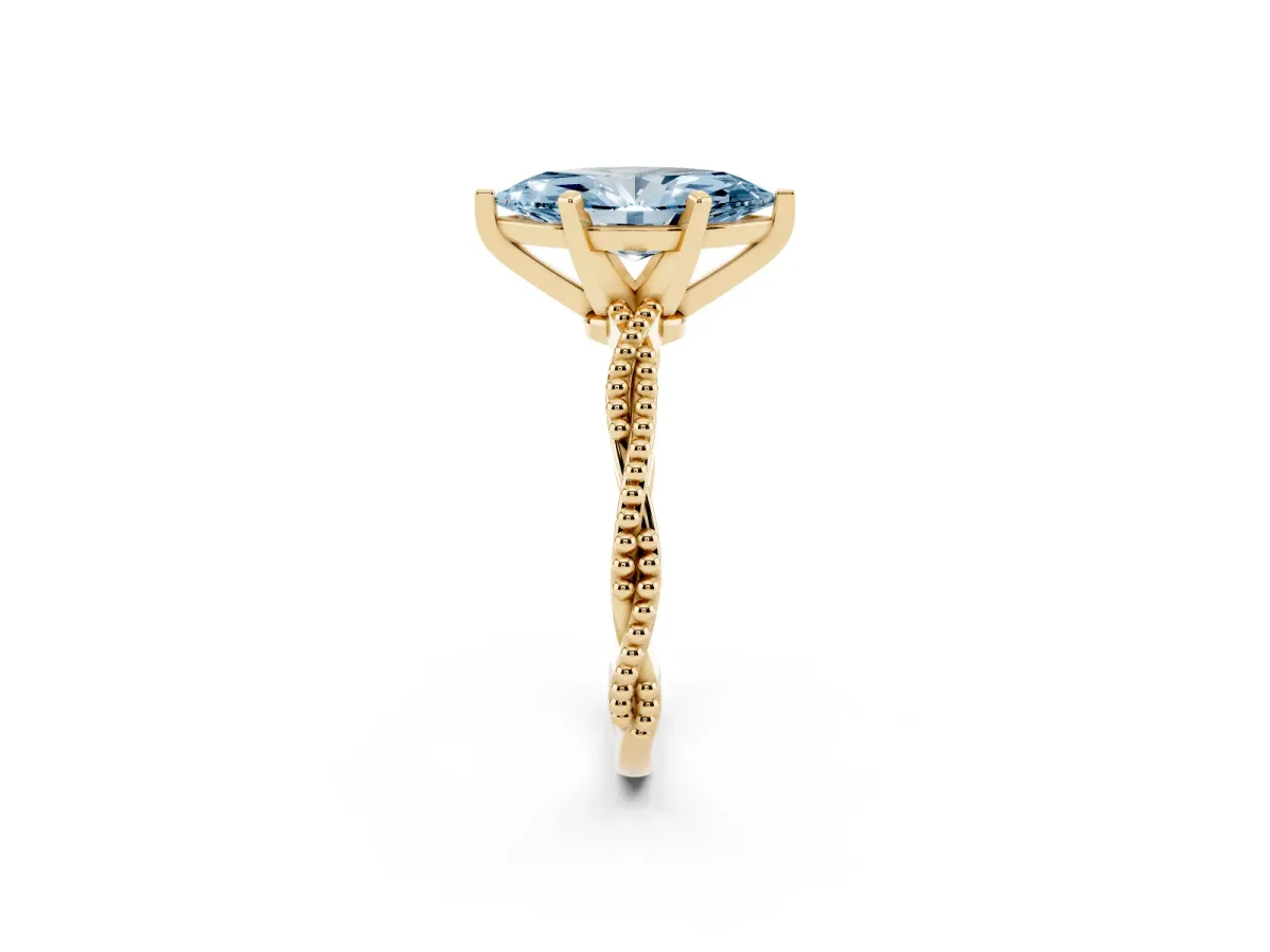 Fancy Blue Marquise Cut Solitaire Twisted Band with Bead Prong Setting Yellow gold
