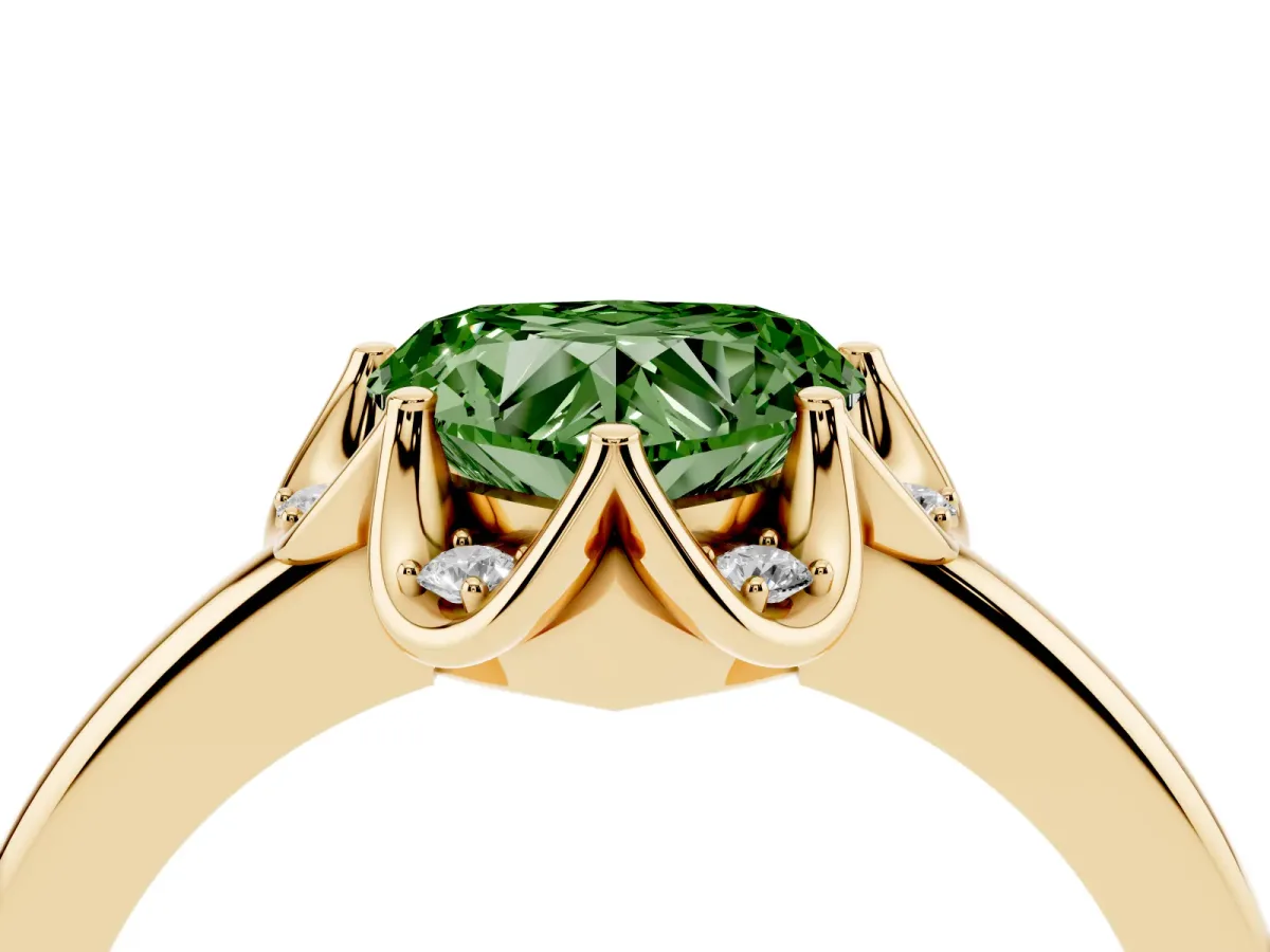 Fancy Green Heart Cut Halo Diamond Ring with Round Cluster Setting, Solitaire Band, and Four-Prong Setting Yellow gold