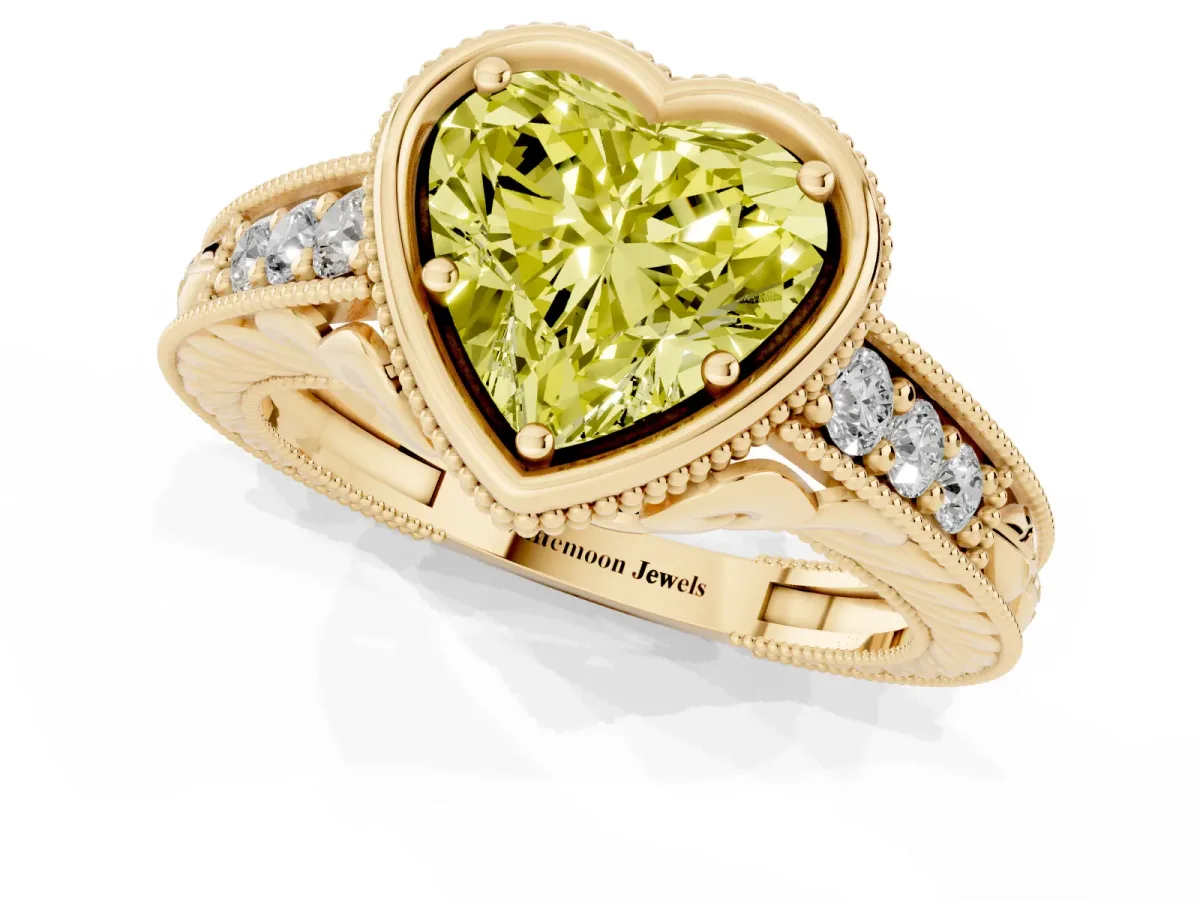 Fancy Yellow Bezel Set Heart Cut Diamond Milgrain Pave Engagement Ring Yellow gold