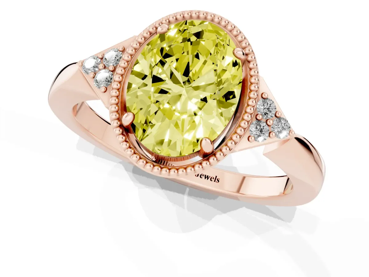 Fancy Yellow Oval Cut Diamond Halo Ring with Tapered Band and Four-Prong Setting Rose gold