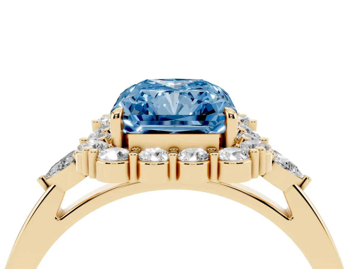 Fancy Blue Radiant Cut Diamond Halo Ring with Pear Side Stones and Prong Setting Yellow gold