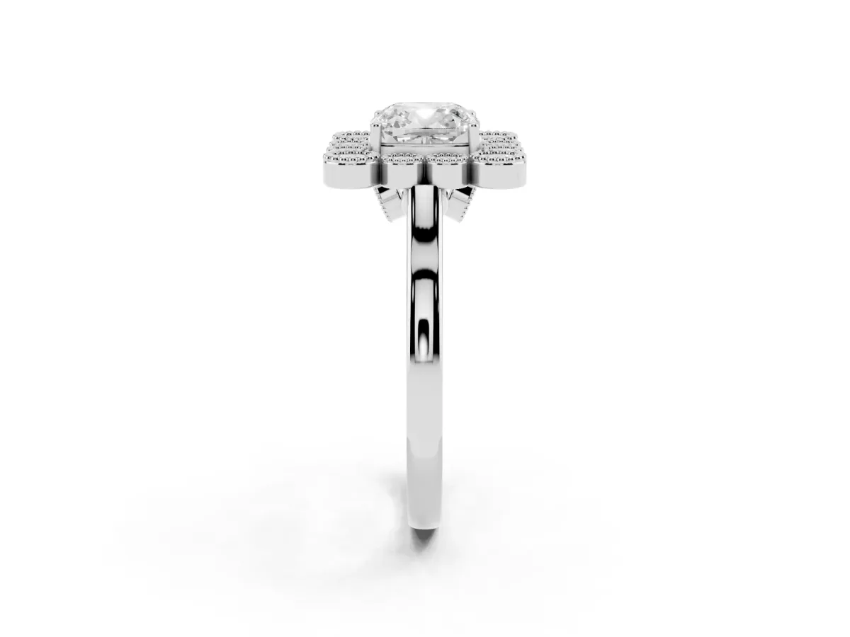 Cushion Cut Halo Diamond Cluster Engagement Ring with Milgrain Bezel Setting and Solitaire Band Platinum