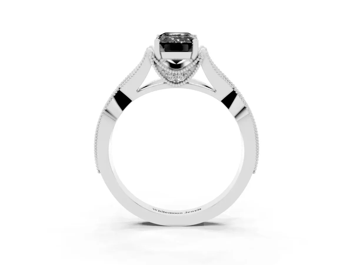 Fancy Black Emerald Cut Cut Diamond Twisted Band with Milgrain Pave Setting and Four-Prong Setting Silver