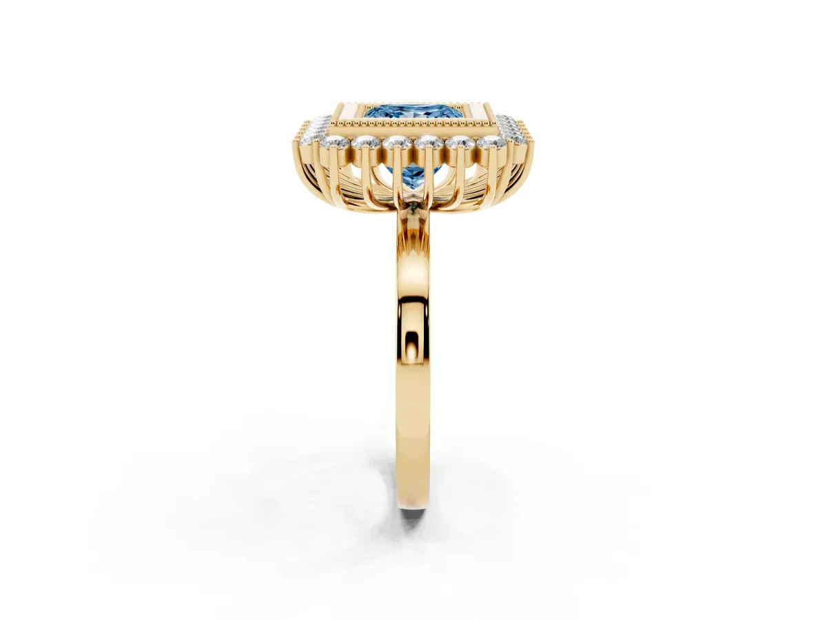 Fancy Blue Princess Cut Halo Diamond Ring with Milgrain Edge and Round Prong Setting Yellow gold