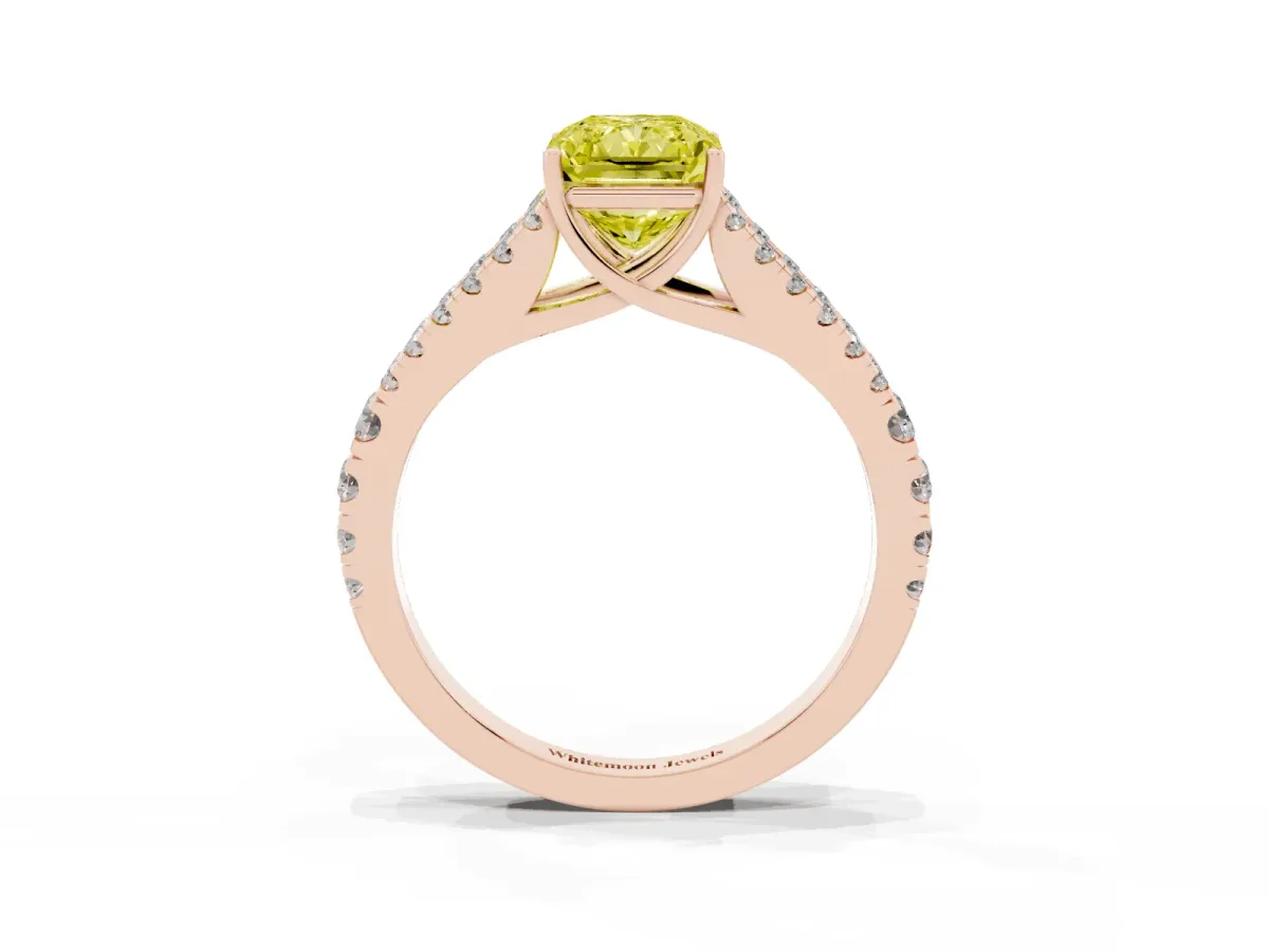 Fancy Yellow Radiant Cut Diamond Split Shank Pavé Engagement Ring with Four-Prong Setting Rose gold