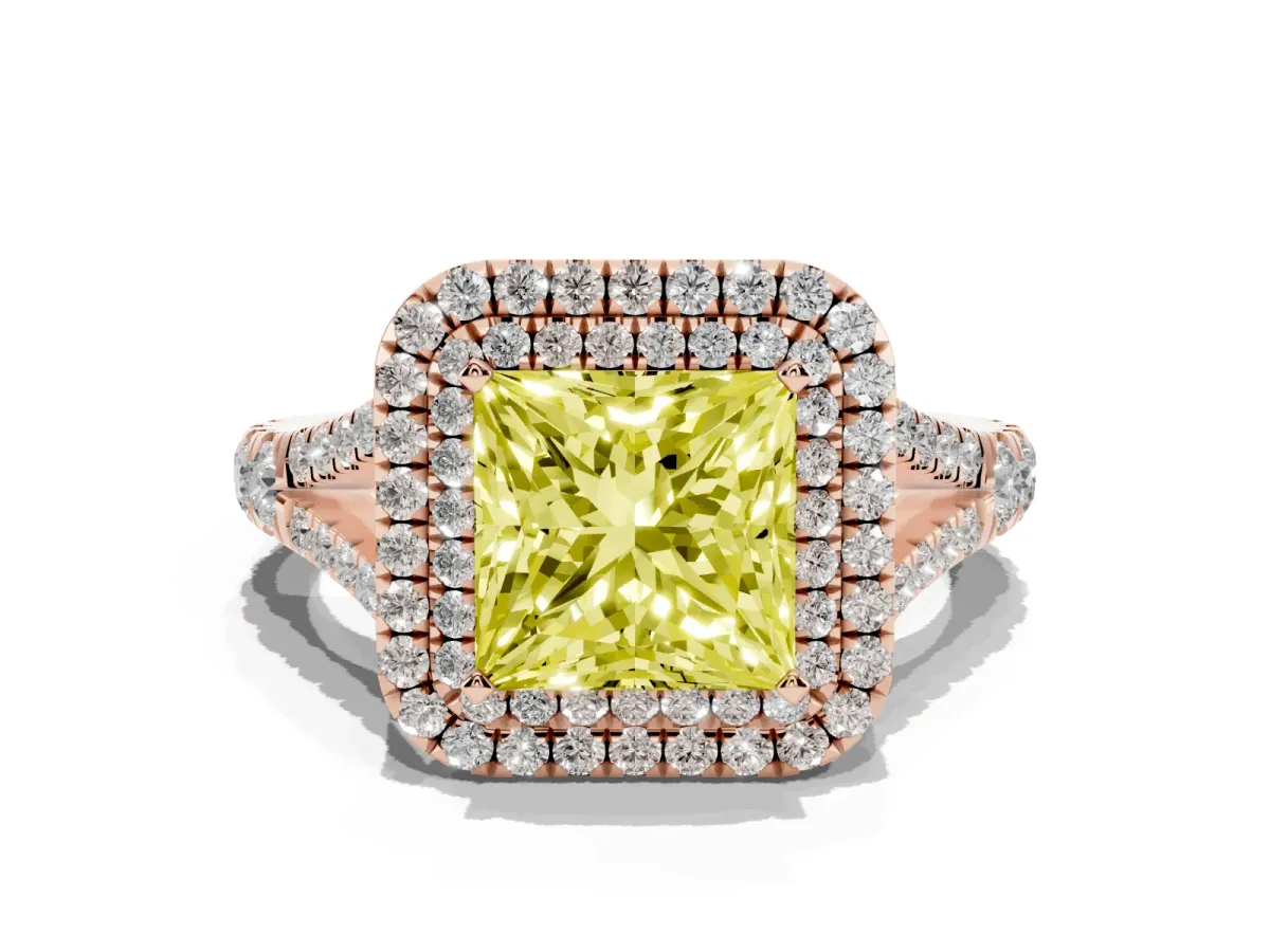 Fancy Yellow Double Halo Princess Cut Diamond Split Shank Engagement Ring with Four-Prong Setting Rose gold