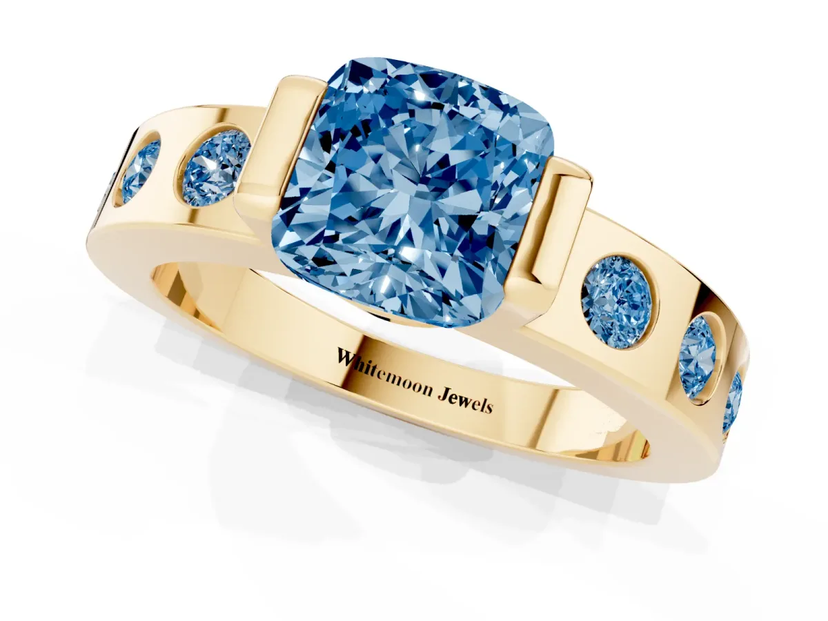 Fancy Blue Cushion Cut Brilliant Channel-Set Diamond Ring with Bezel Prong Setting Yellow gold