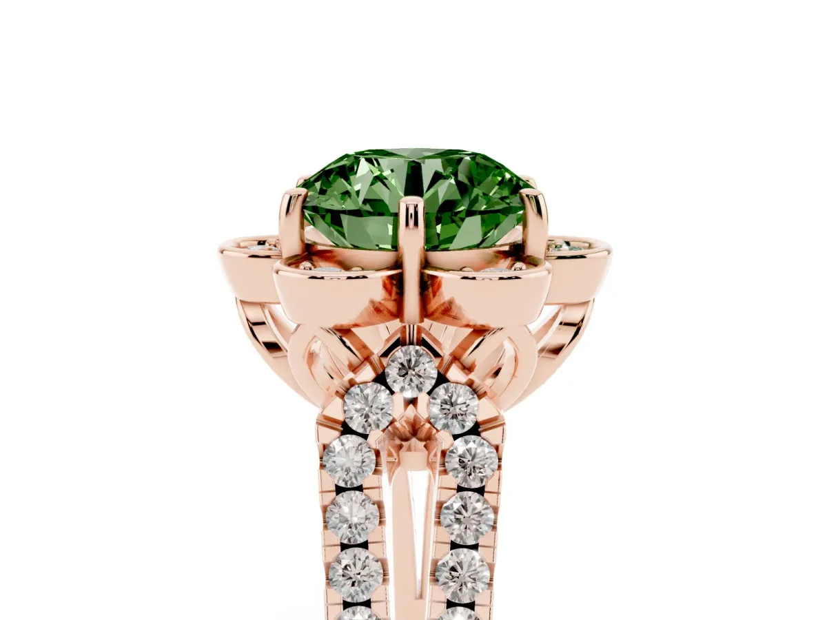 Fancy Green Round Cut Halo Diamond Floral Split Shank Engagement Ring Rose gold