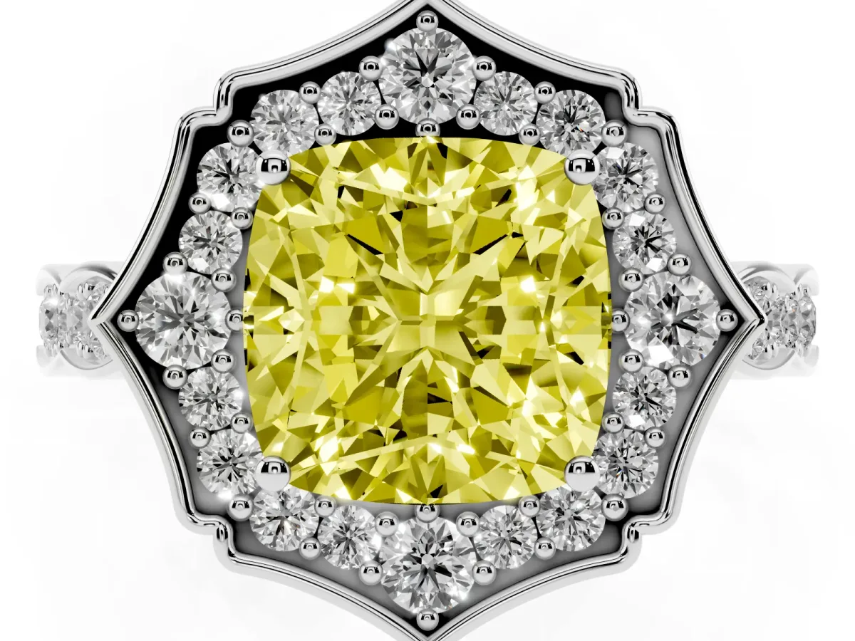 Fancy Yellow Cushion Cut Halo Diamond Engagement Ring with Milgrain Band and Four-Prong Setting Silver