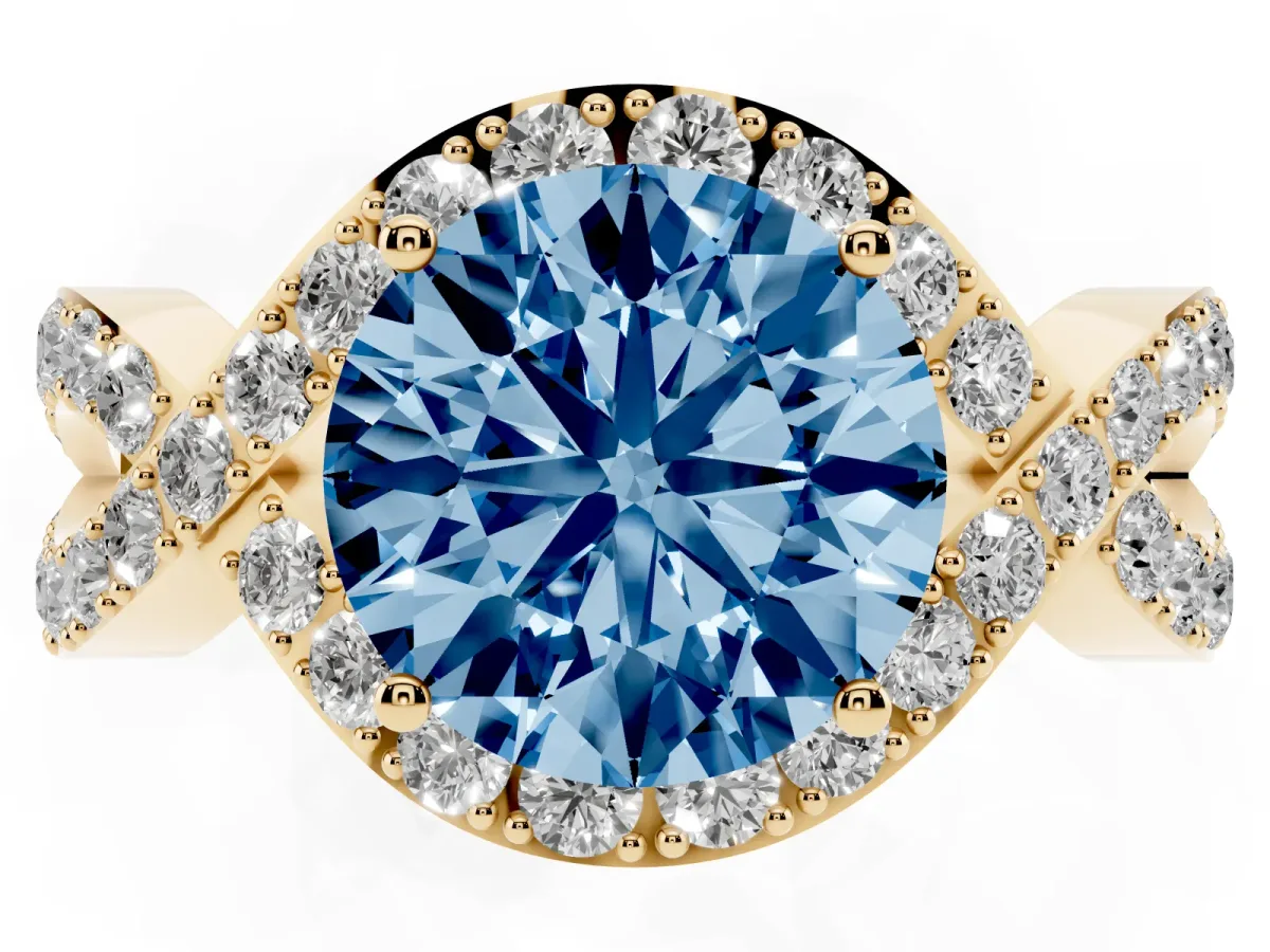 Fancy Blue Round Cut Solitaire Twist Band Pavé Diamond Engagement Ring Yellow gold