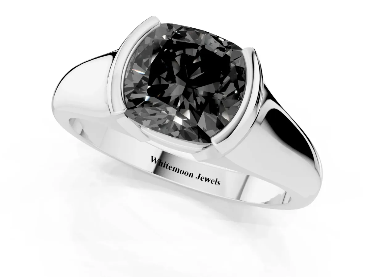 Fancy Black Cushion Cut Solitaire Tension Set Diamond Ring with Split Shank Band Silver