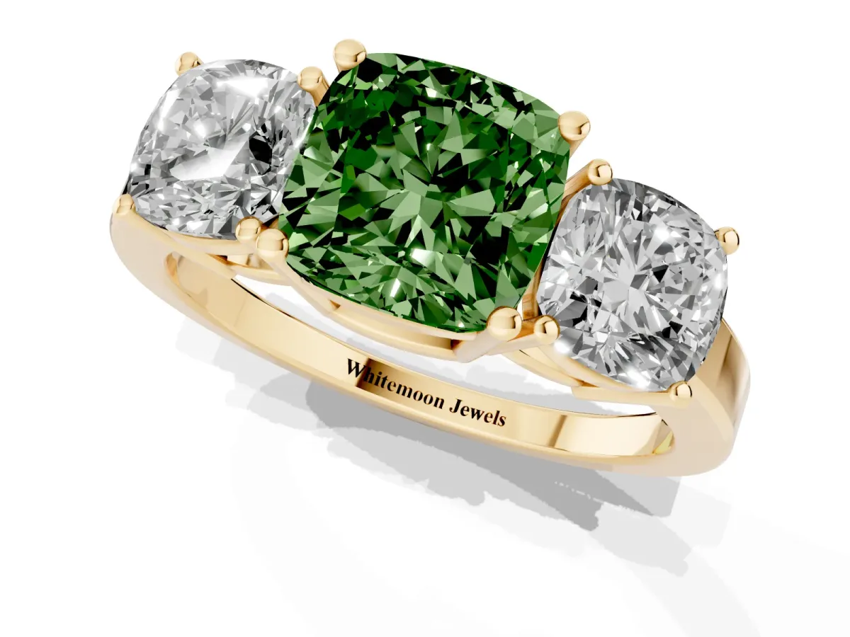 Fancy Green Three-Stone Cushion Cut Cut Diamond Engagement Ring with Flat Band and Four-Prong Setting Yellow gold
