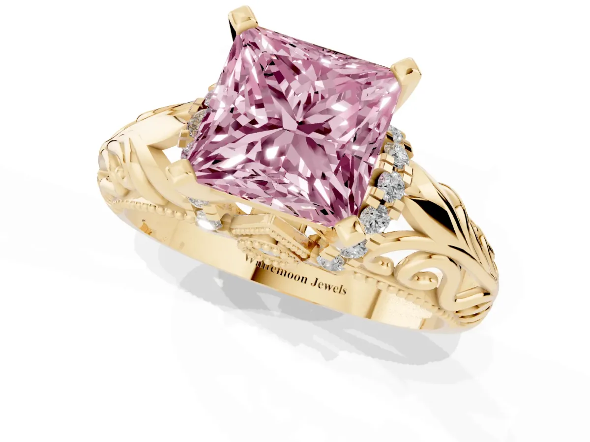 Fancy Pink Princess Cut Solitaire Filigree Engagement Ring with Halo and Prong Setting Yellow gold