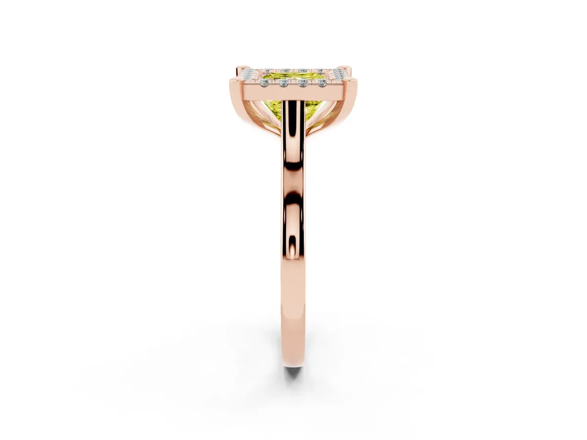 Fancy Yellow Princess Cut Diamond Cluster Halo Solitaire with Four-Prong Setting Rose gold