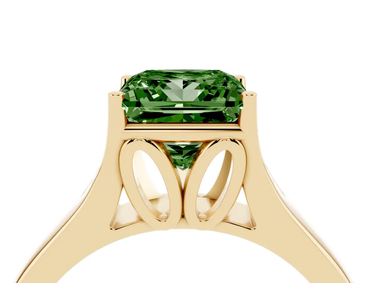 Fancy Green Princess Cut Solitaire Diamond Ring with Cathedral Band and Four-Prong Setting Yellow gold