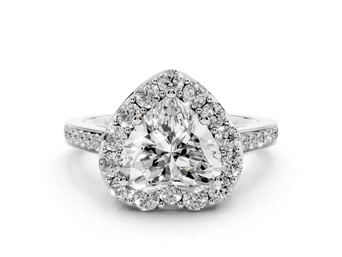 Heart Cut Diamond Floral Halo Ring with Pavé Band and Prong Setting White gold