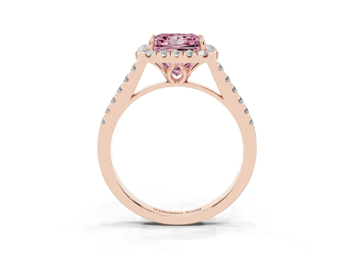 Fancy Pink Princess Cut Halo Pavé Diamond Engagement Ring with Four-Prong Setting Rose gold