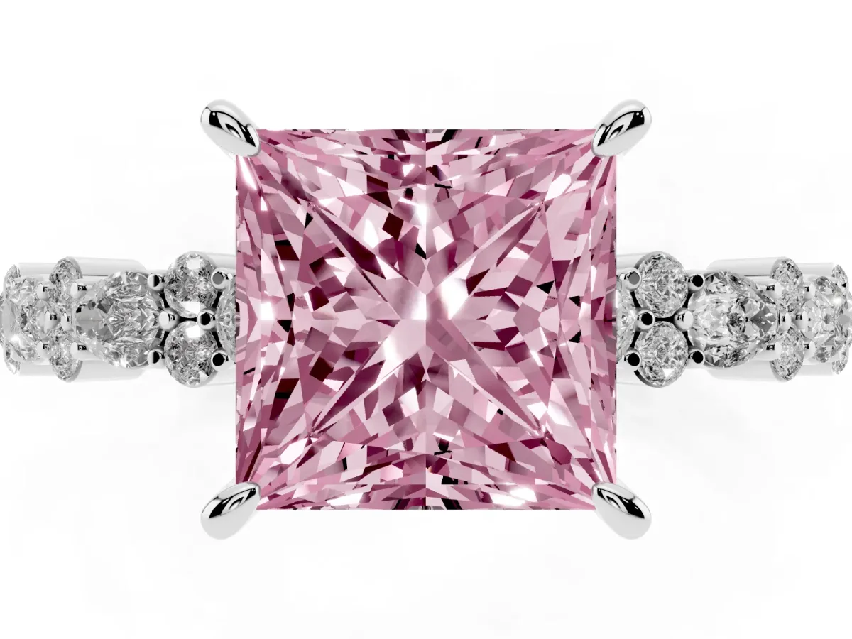 Fancy Pink Princess Cut Diamond Side Stone Solitaire Ring with Round and Four-Prong Setting Silver