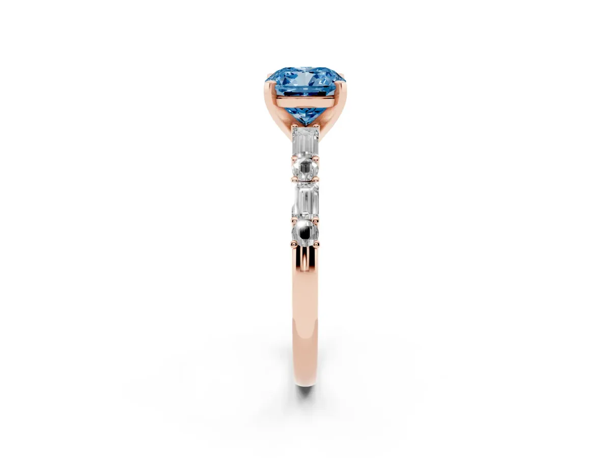 Fancy Blue Cushion Cut Diamond Solitaire with Side Baguettes and Channel Set Band Rose gold