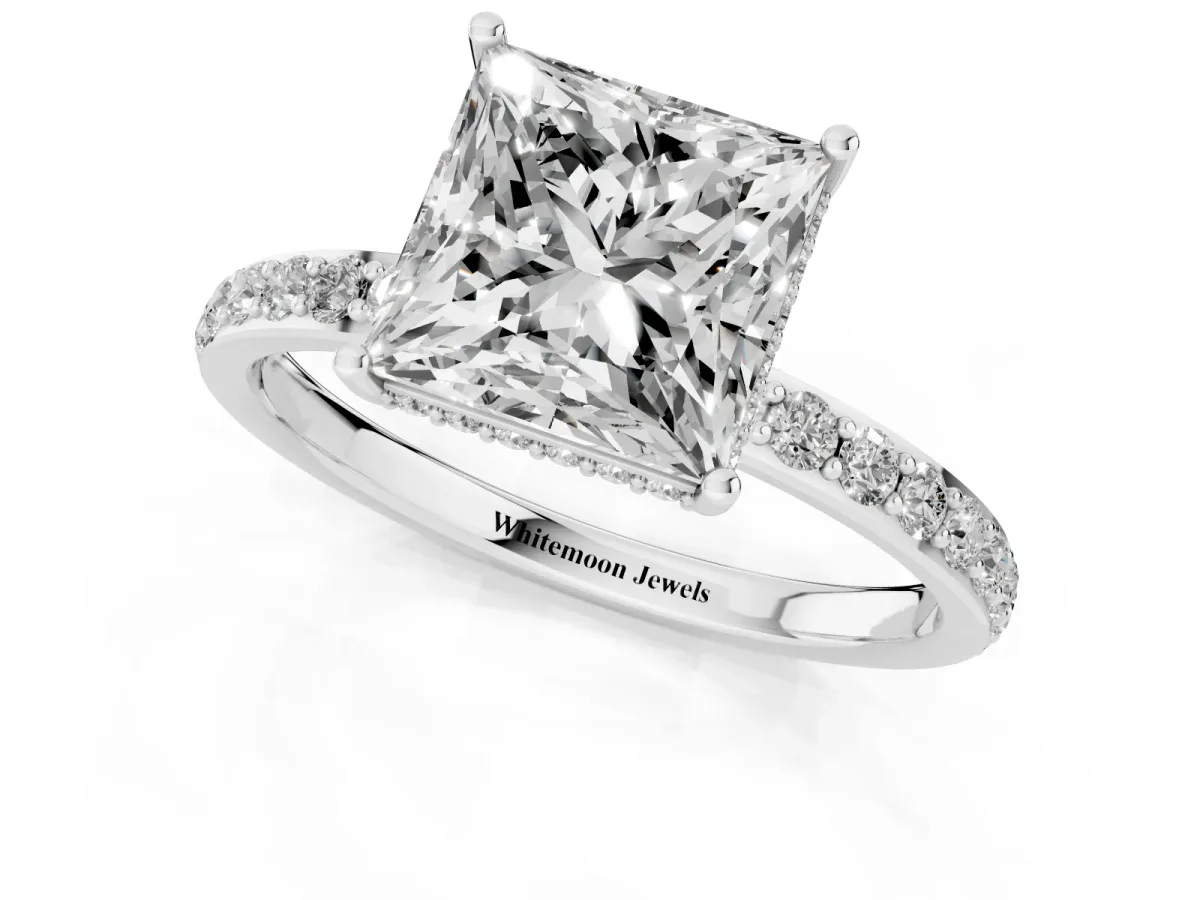 Princess Cut Diamond Solitaire Ring with Pavé Band and Hidden Halo Silver