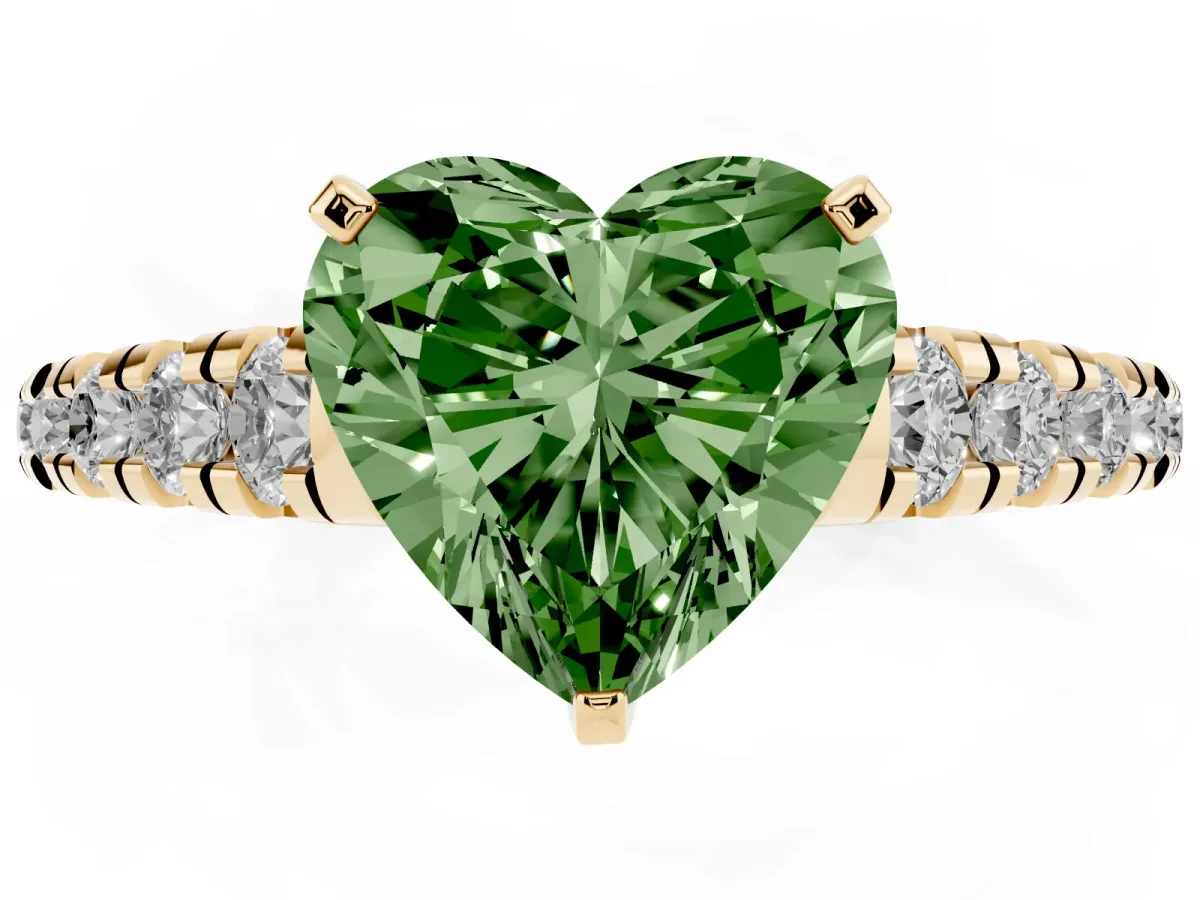 Fancy Green Heart Cut Diamond Cathedral Solitaire Ring with Round Pavé Band Yellow gold