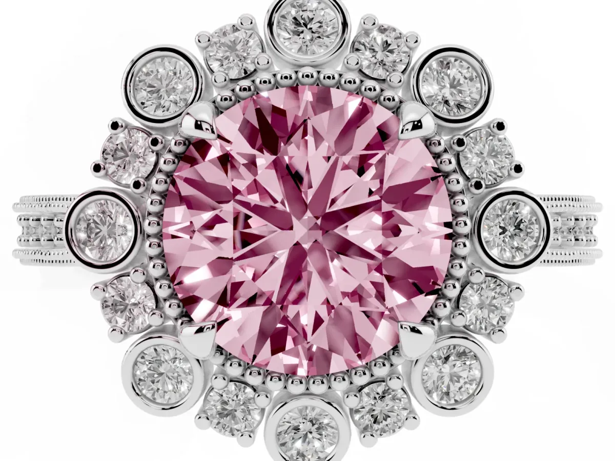 Fancy Pink Round Cut Halo Milgrain Pave Diamond Ring with Four-Prong Setting Silver