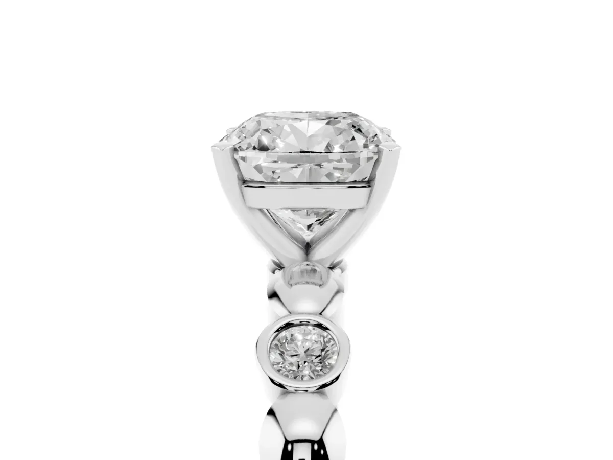 Cushion Cut Solitaire Bezel-Set Diamond Ring with Beaded Band and Four-Prong Setting Silver