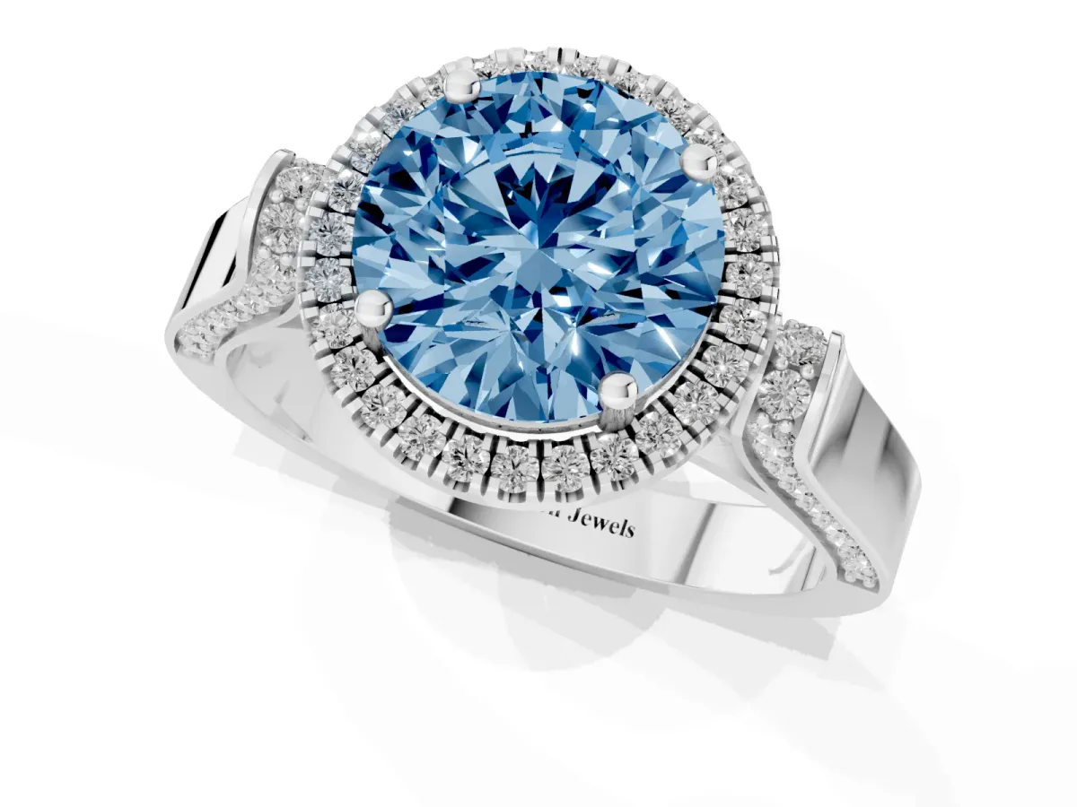 Fancy Blue Round Cut Halo Round Diamond Twist Band with Four-Prong Setting Platinum