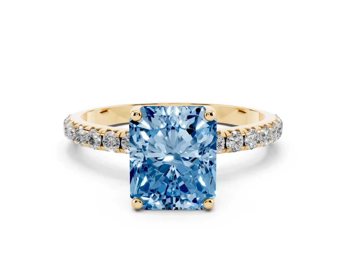 Fancy Blue Radiant Cut Cut Diamond Solitaire Ring with Micro Pave Band and Four Prong Setting Yellow gold