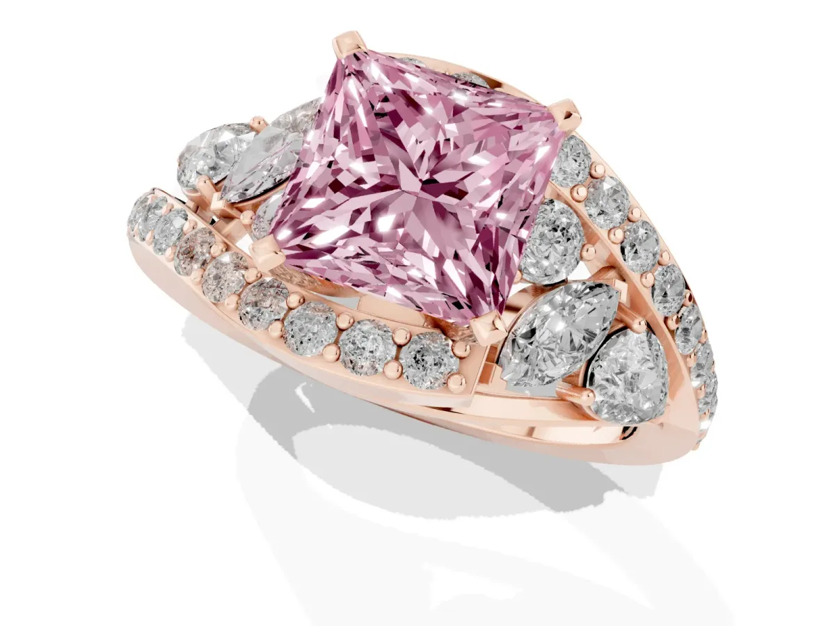 Fancy Pink Princess Cut Diamond Halo Ring with Marquise and Pavé Band in Prong Setting Rose gold