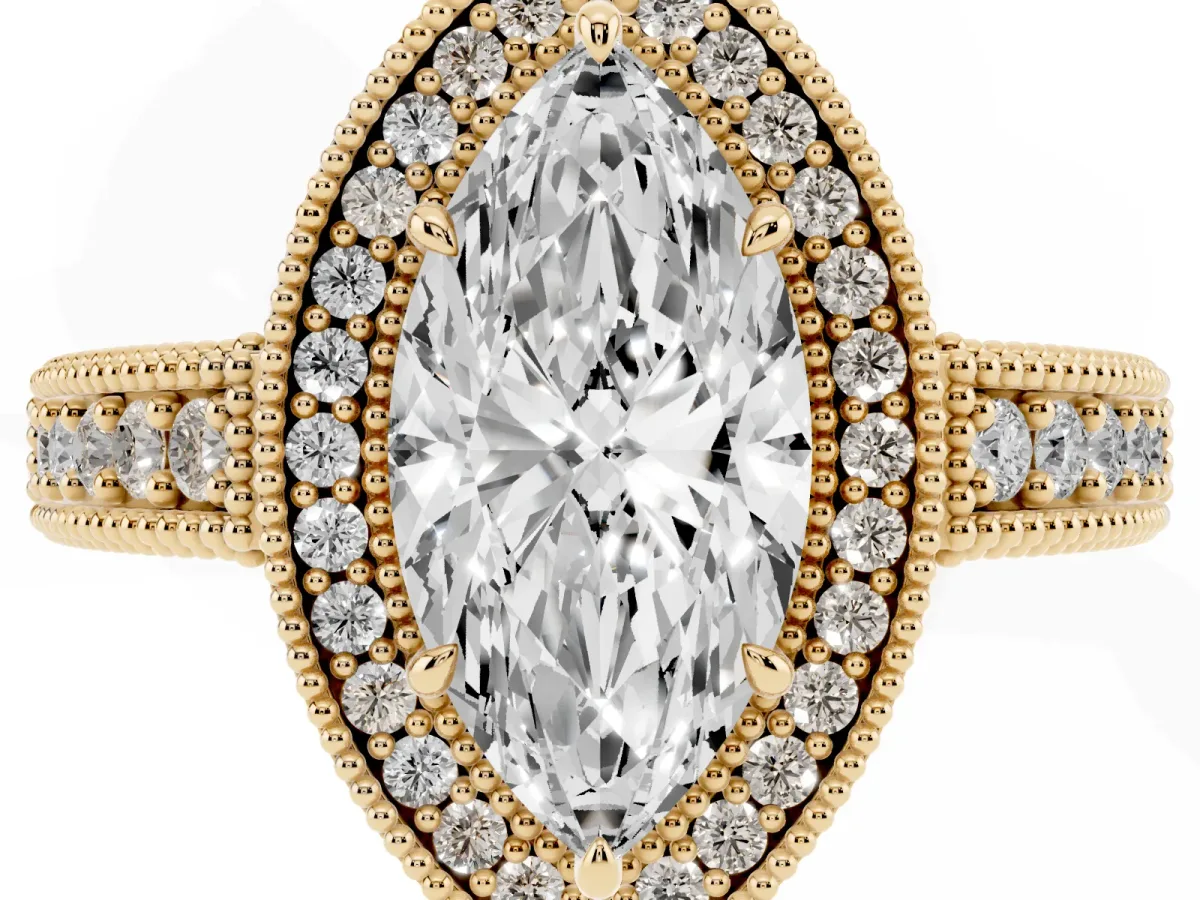 Marquise Cut Cut Halo Diamond Ring with Pavé Band and Four-Prong Setting Yellow gold