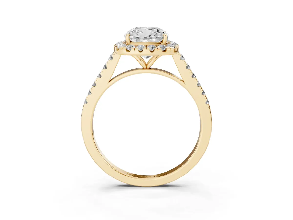 Cushion Cut Halo Pave Diamond Engagement Ring with Four-Prong Setting Yellow gold
