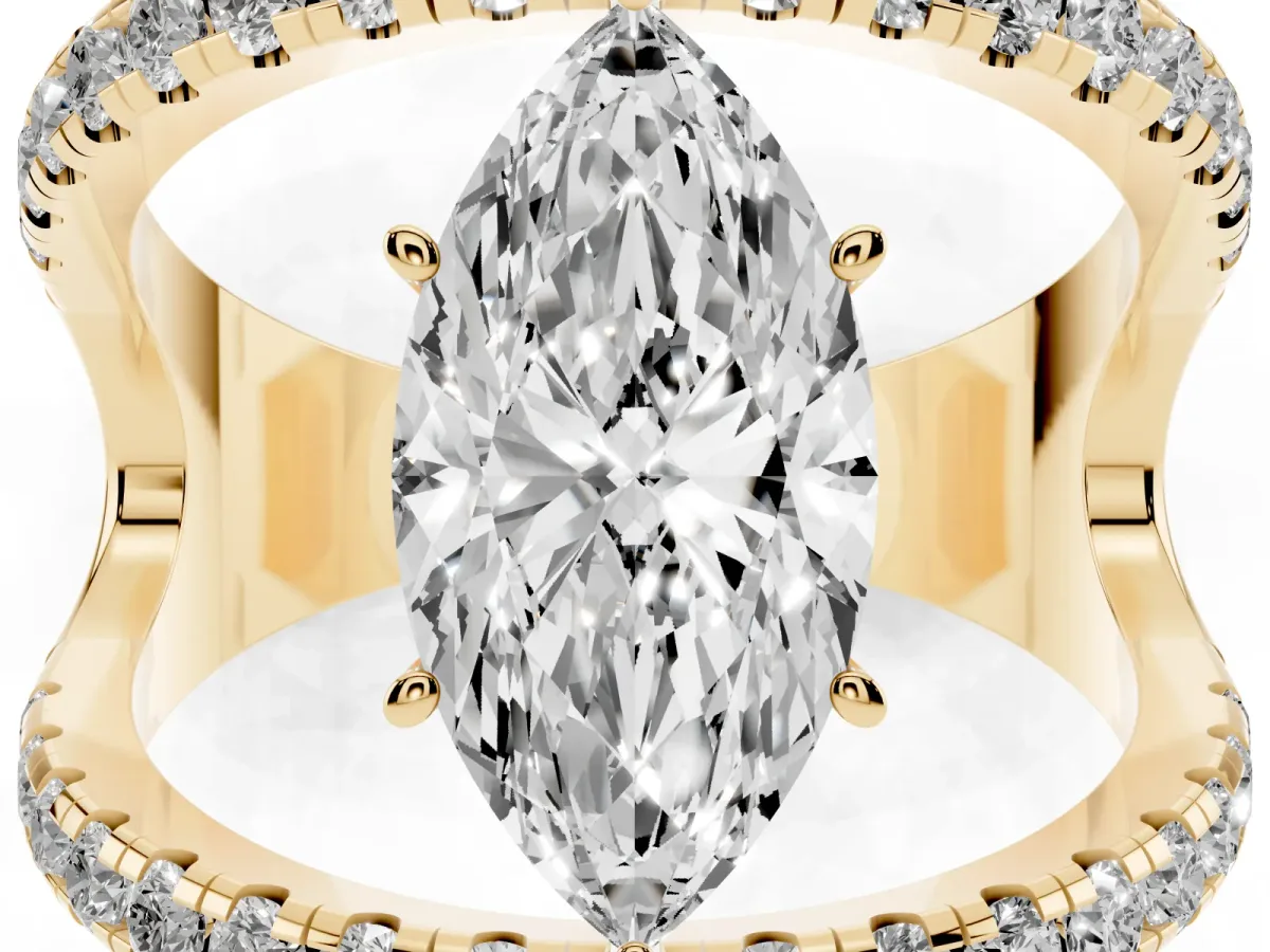 Marquise Cut Solitaire Split Shank Pave Diamond Ring Yellow gold