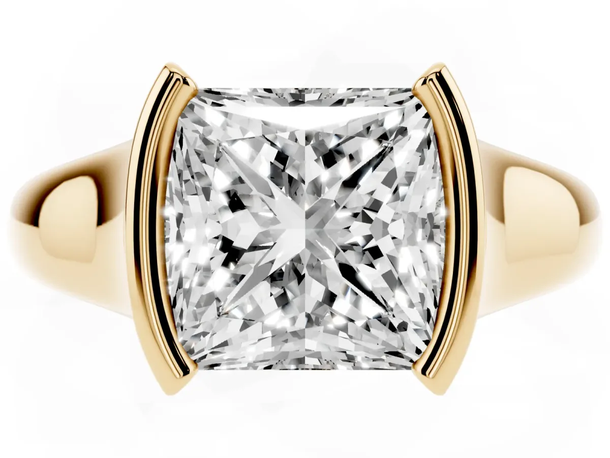 Princess Cut Solitaire Tension Set Diamond Ring with Split Shank Band Yellow gold