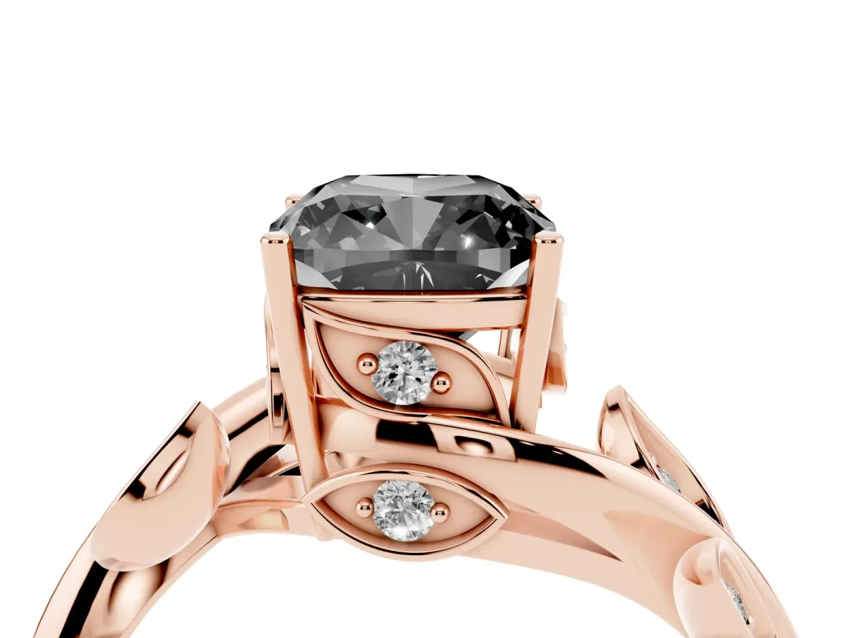 Fancy Black Cushion Cut Solitaire Twist Engagement Ring with Leaf Accents and Prong Setting Rose gold