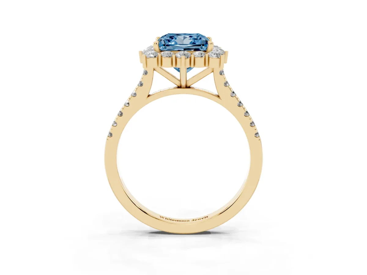 Fancy Blue Princess Cut Halo Diamond Ring with Pavé Band and Prong Setting Yellow gold