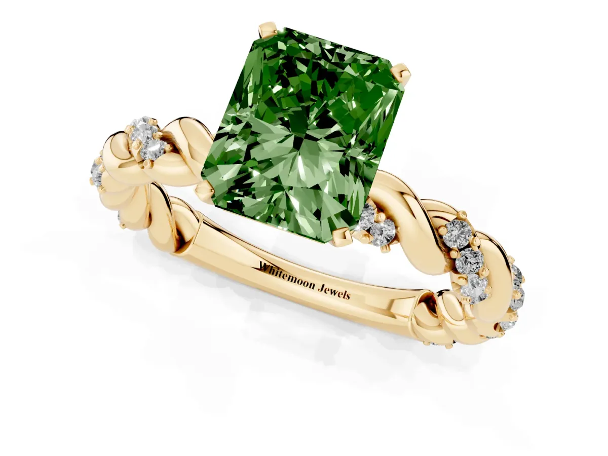 Fancy Green Radiant Cut Diamond Solitaire Ring with Twisted Band and Pavé Accents Yellow gold