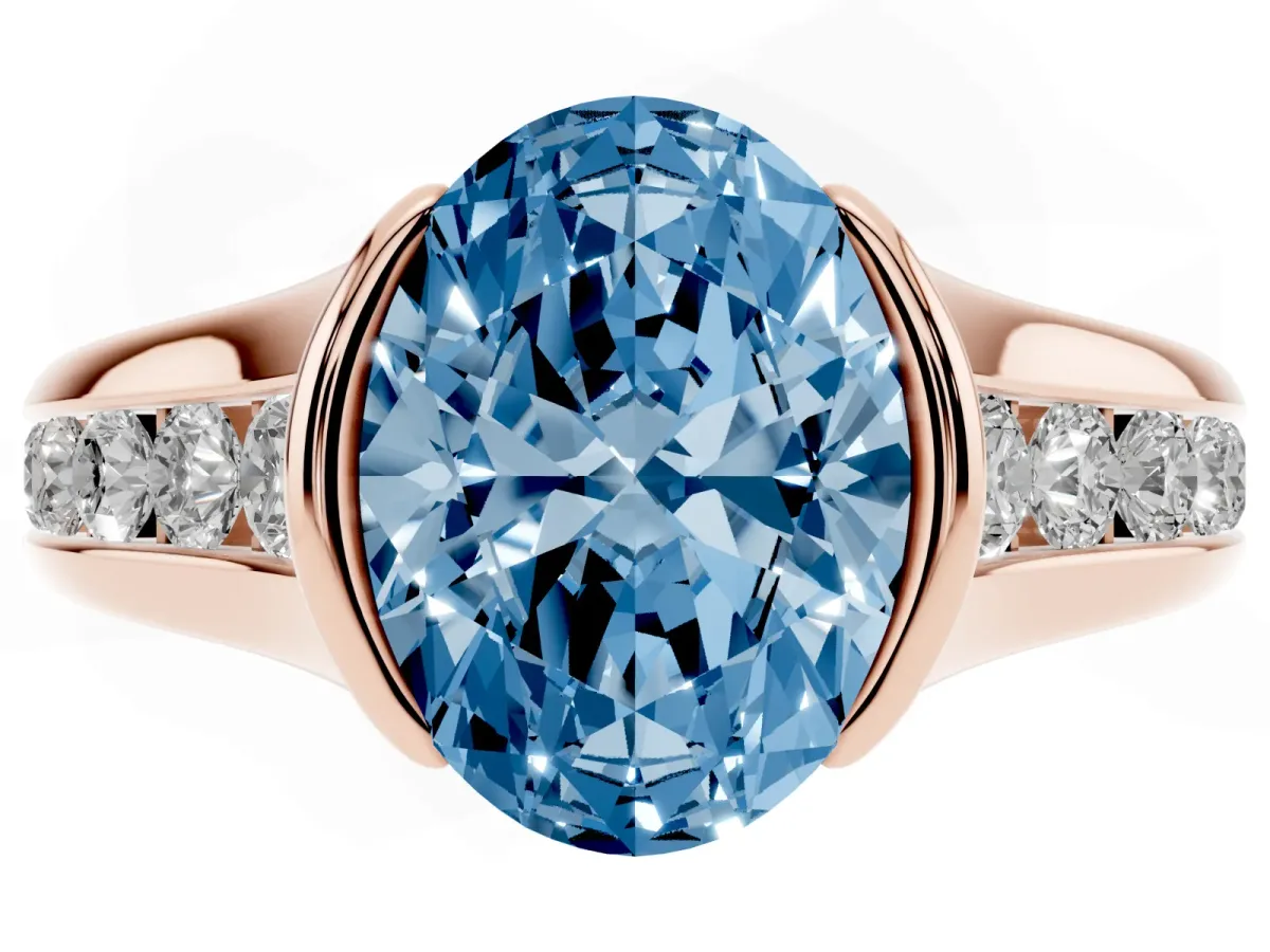 Fancy Blue Oval Cut Solitaire Bezel-Set Diamond Ring with Channel-Set Band Rose gold