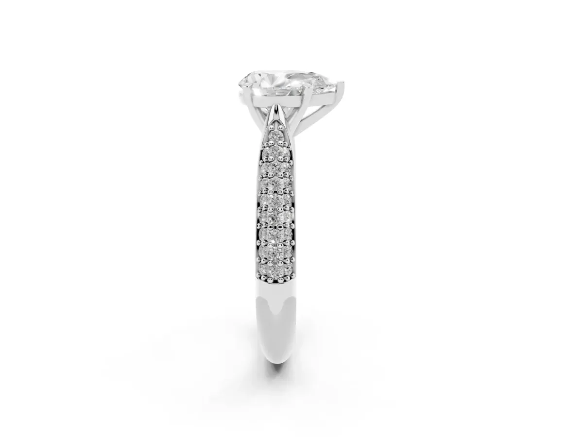 Pear Cut Diamond Solitaire Engagement Ring with Multi-Row Round Pavé Band and Prong Setting Platinum